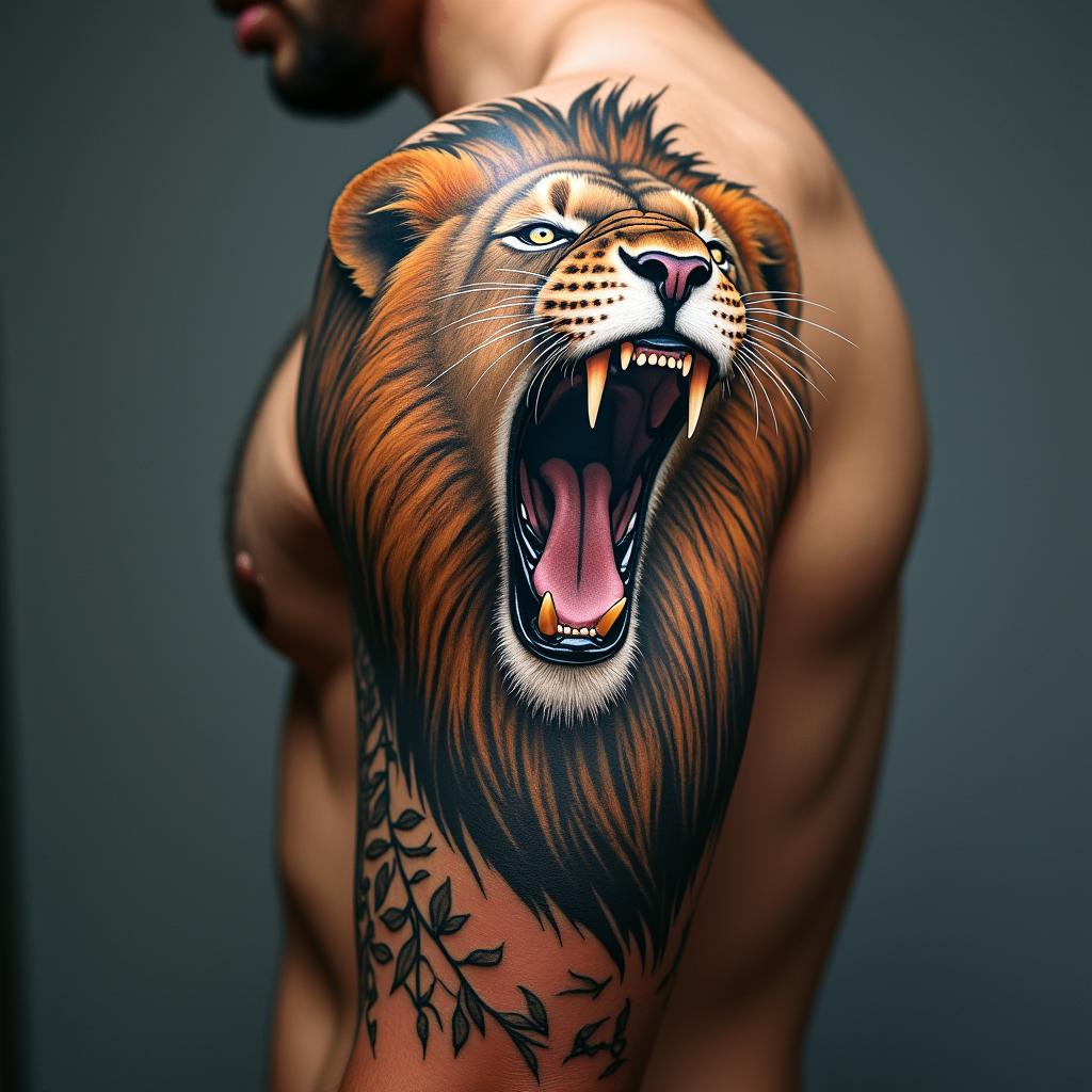 Roaring lion with a flowing manein portrait tattoo style, featuring a highly realistic and detailed depiction 