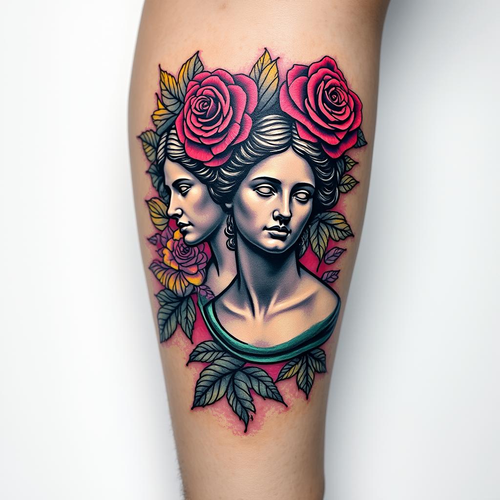 Tattoo of two roses, forearm, fine line.in distorted and fragmented tattoo design, featuring a classical statue bust, in a glitch art style with vibrant, overlapping colors of cyan, magenta, and yellow, creating a digital distortion effect - Variation 3