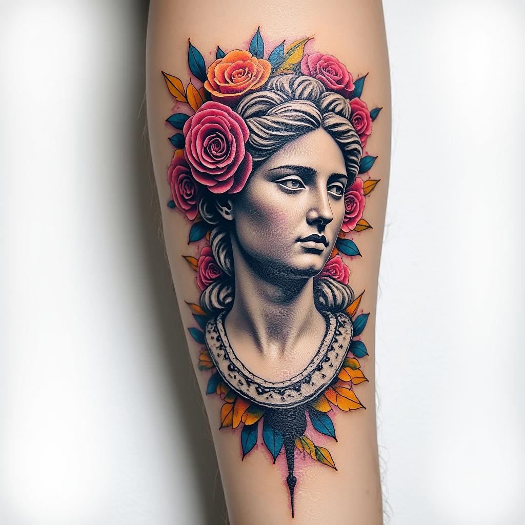 Tattoo of two roses, forearm, fine line.in distorted and fragmented tattoo design, featuring a classical statue bust, in a glitch art style with vibrant, overlapping colors of cyan, magenta, and yellow, creating a digital distortion effect - Variation 6