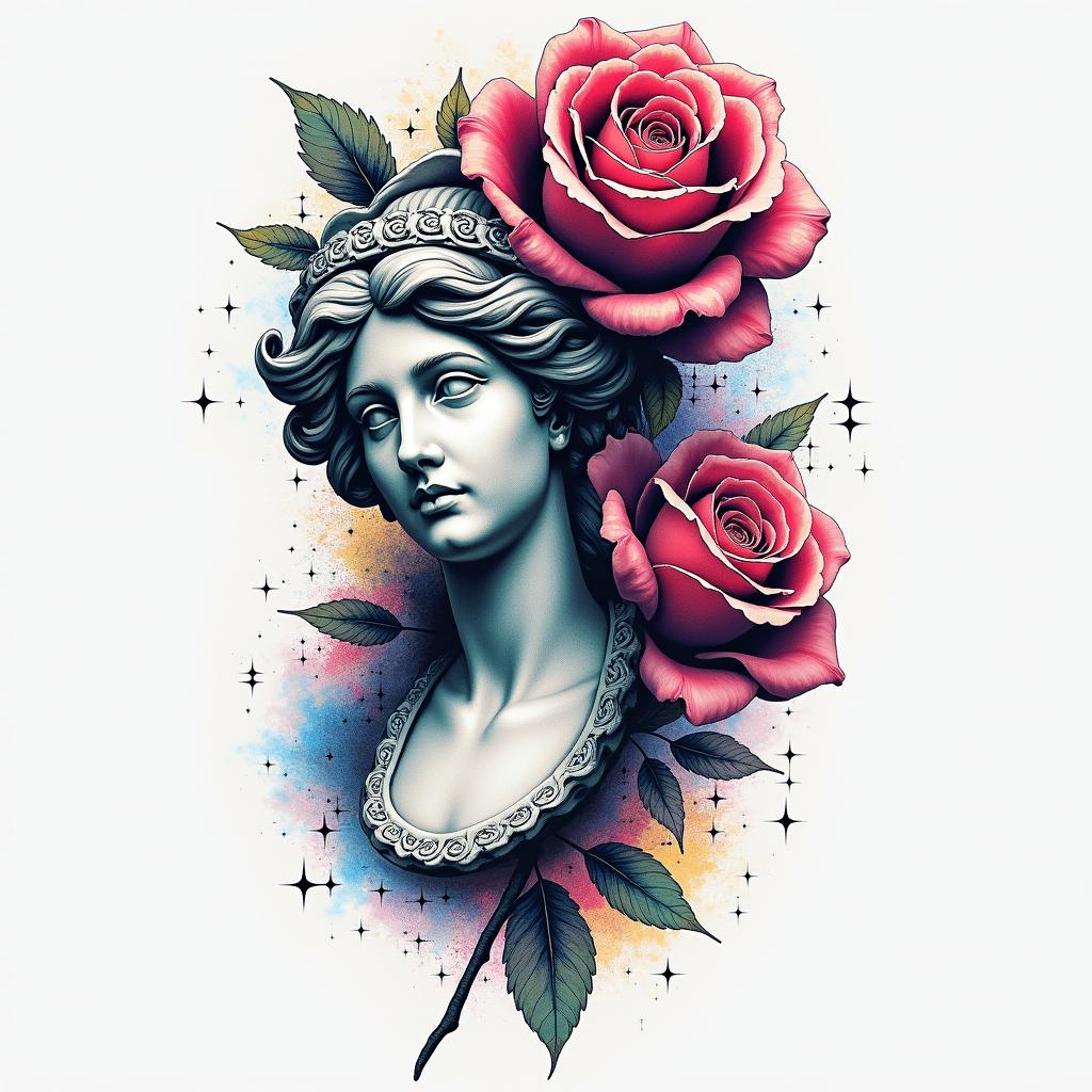 Tattoo of two roses, forearm, fine line.in distorted and fragmented tattoo design, featuring a classical statue bust, in a glitch art style with vibrant, overlapping colors of cyan, magenta, and yellow, creating a digital distortion effect - Variation 4