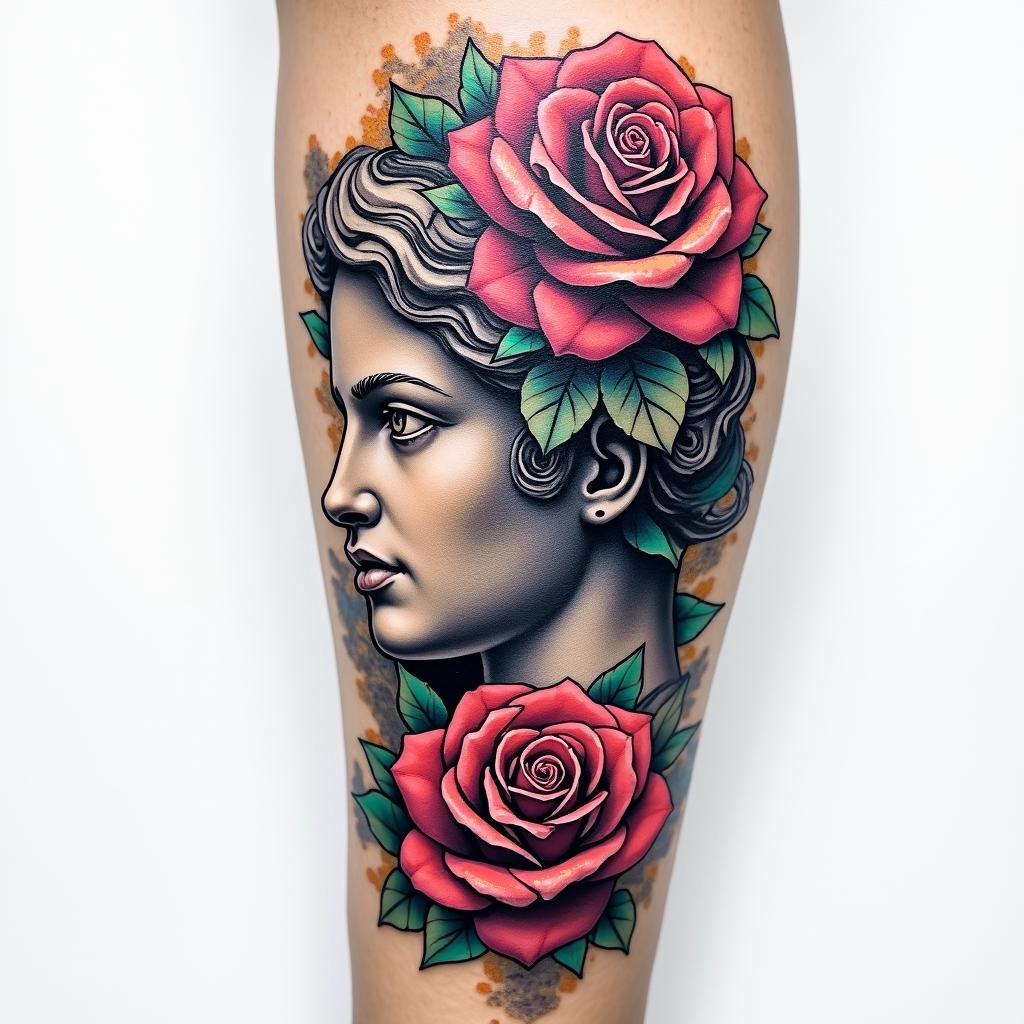 Tattoo of two roses, forearm, fine line.in distorted and fragmented tattoo design, featuring a classical statue bust, in a glitch art style with vibrant, overlapping colors of cyan, magenta, and yellow, creating a digital distortion effect - Variation 2