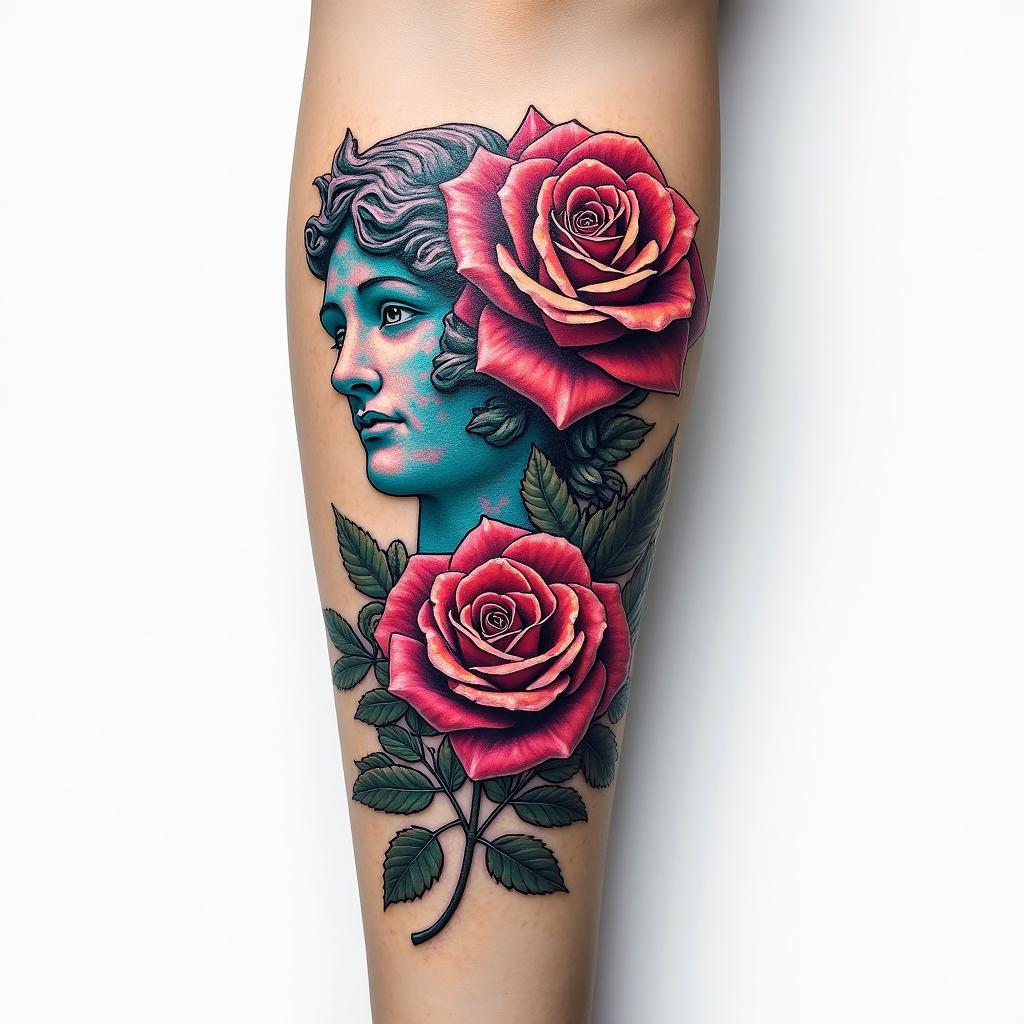 Tattoo of two roses, forearm, fine line.in distorted and fragmented tattoo design, featuring a classical statue bust, in a glitch art style with vibrant, overlapping colors of cyan, magenta, and yellow, creating a digital distortion effect