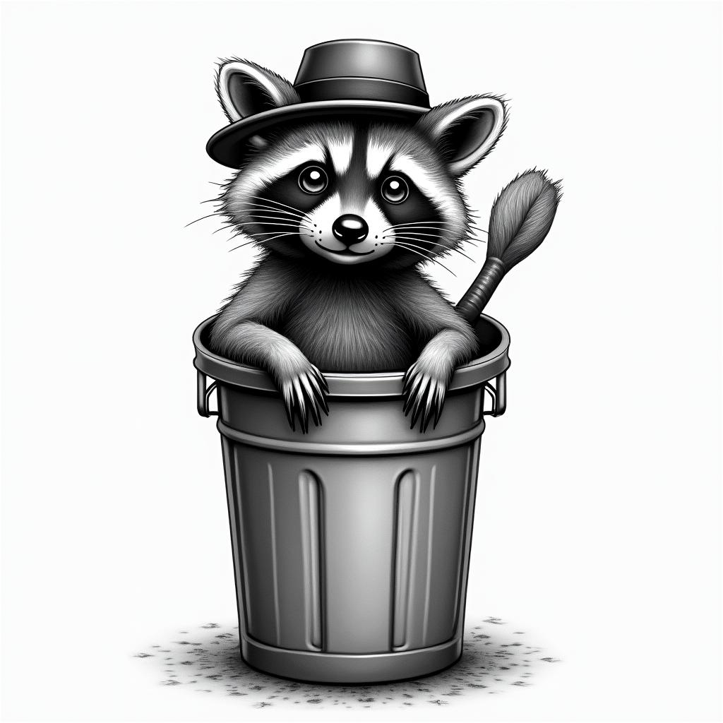 Raccoon with a hat in a trash canin bohemian style tattoo, 8k - Variation 2