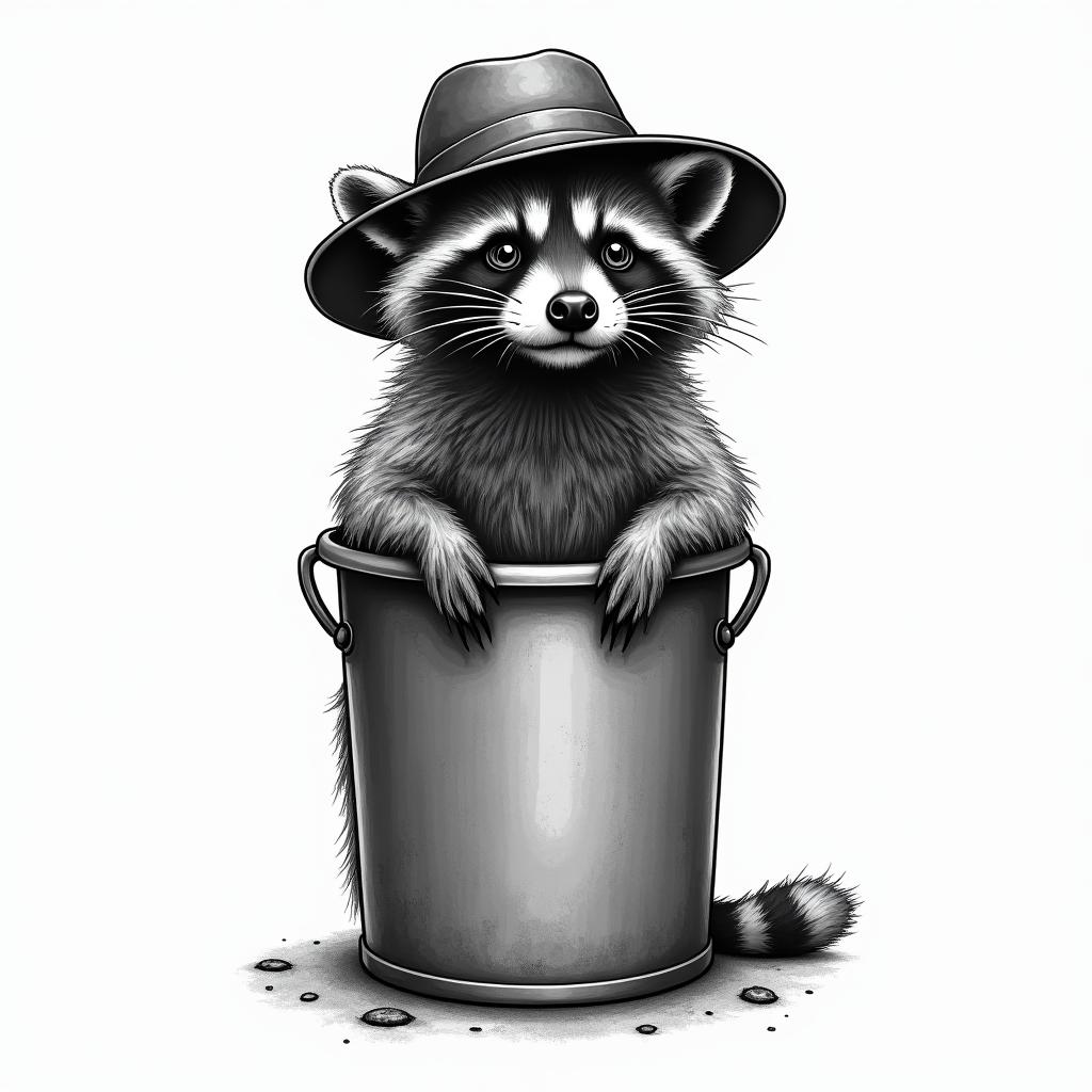 Raccoon with a hat in a trash canin bohemian style tattoo, 8k - Variation 4