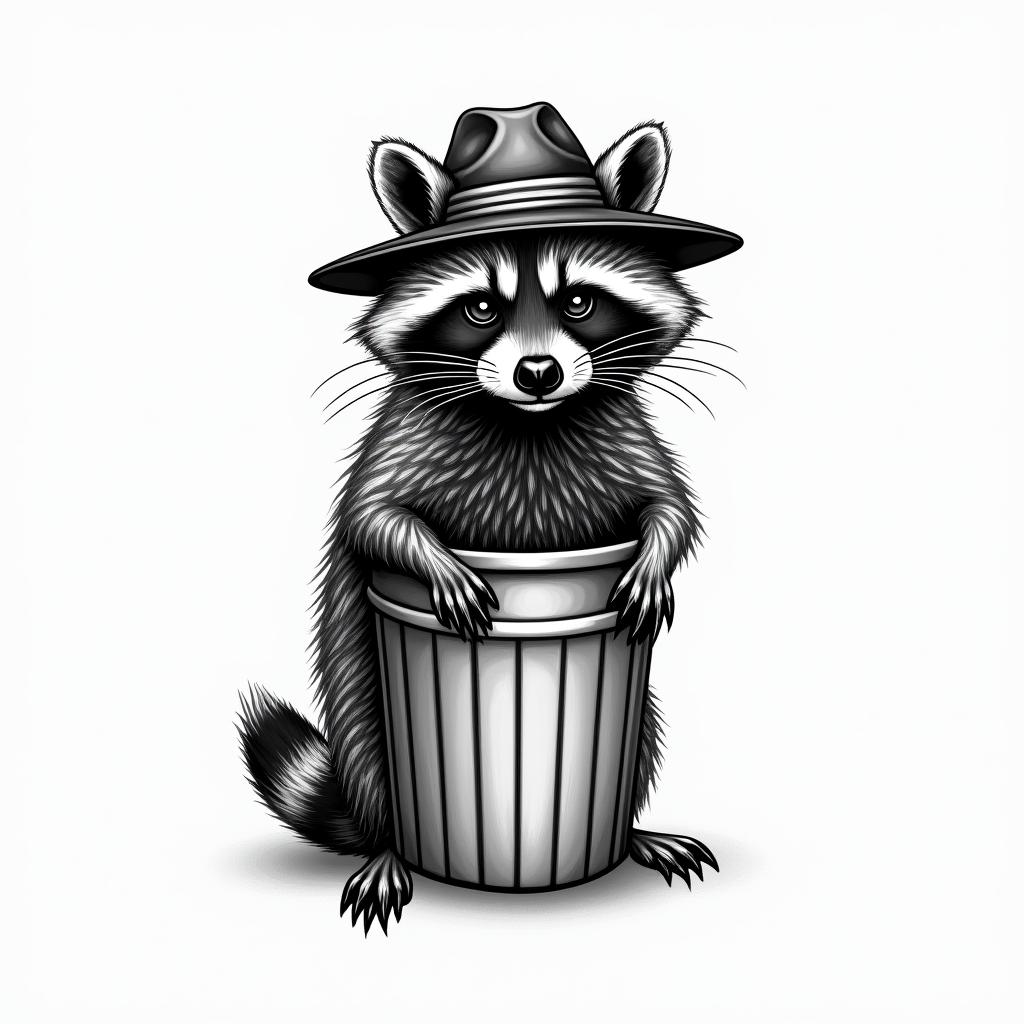 Raccoon with a hat in a trash canin bohemian style tattoo, 8k - Variation 3
