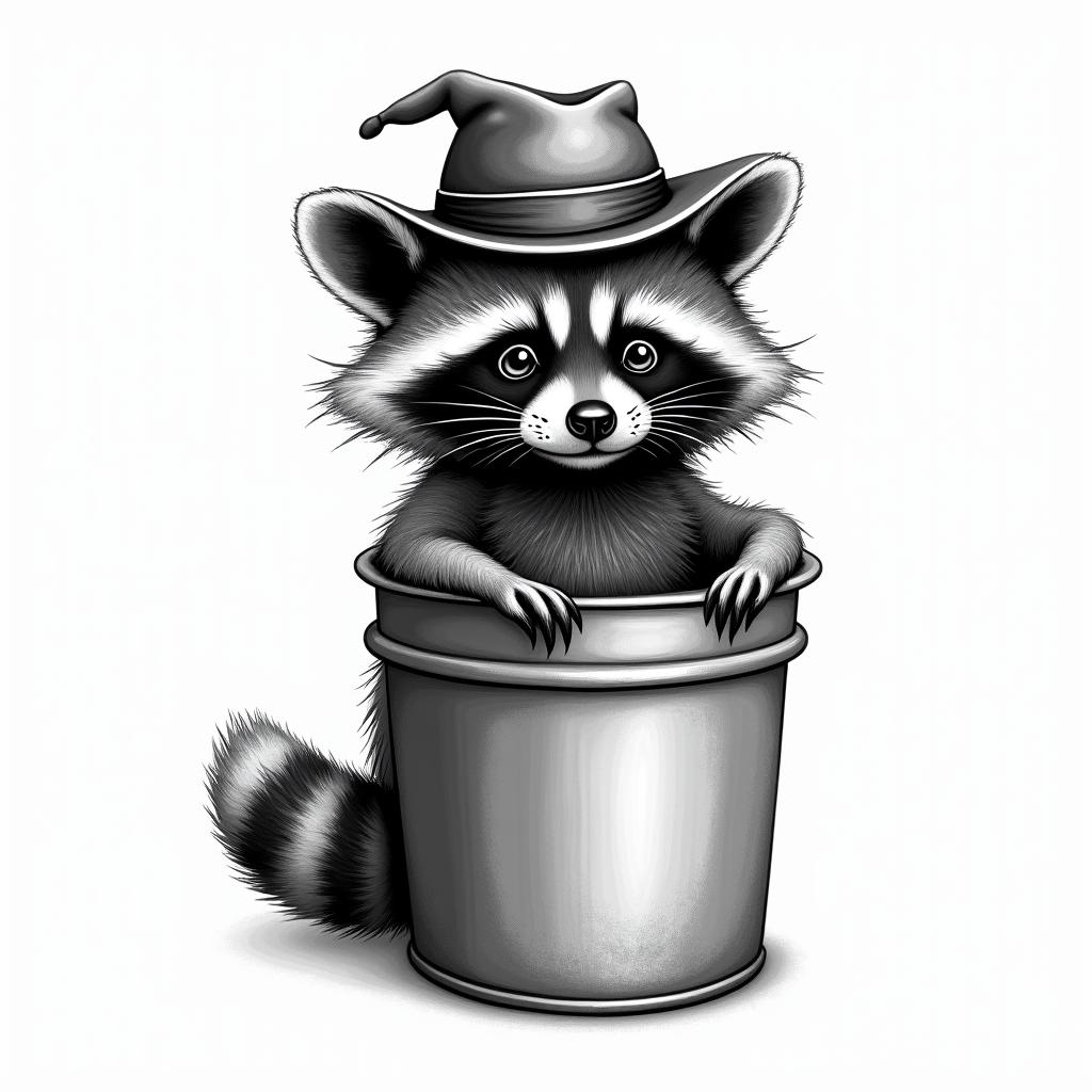 Raccoon with a hat in a trash canin bohemian style tattoo, 8k