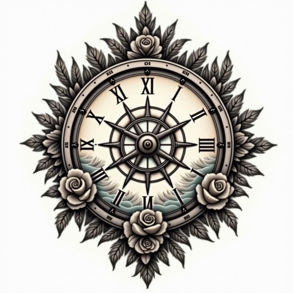Compass surrounded by ocean wavesin victorian style tattoo, featuring vintage and elegant elements, ornate frames, roses, antique, sepia-toned color scheme - Variation 2