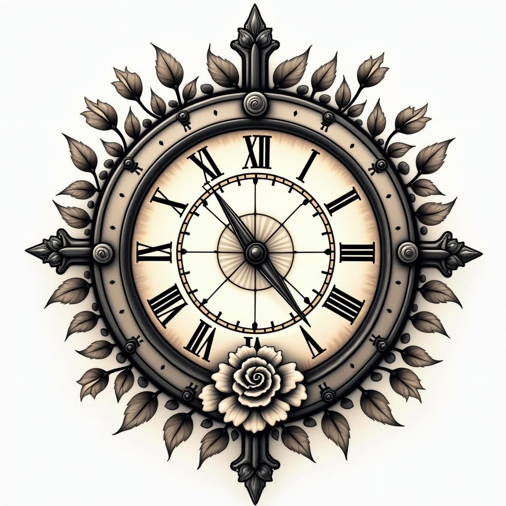 Compass surrounded by ocean wavesin victorian style tattoo, featuring vintage and elegant elements, ornate frames, roses, antique, sepia-toned color scheme - Variation 4