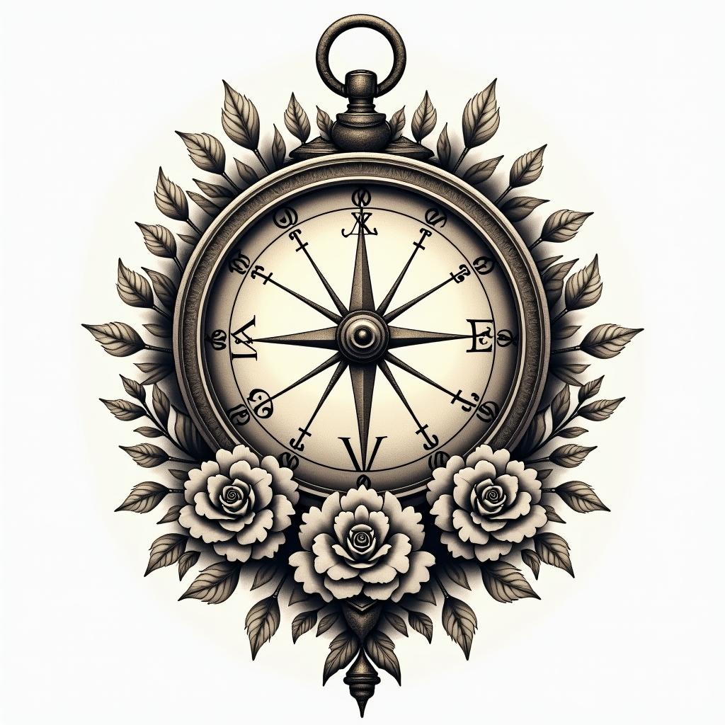Compass surrounded by ocean wavesin victorian style tattoo, featuring vintage and elegant elements, ornate frames, roses, antique, sepia-toned color scheme - Variation 3