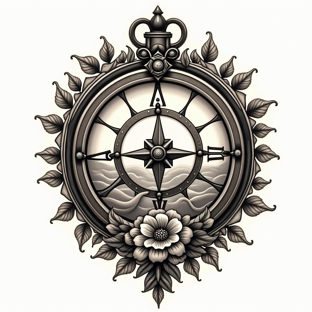 Compass surrounded by ocean wavesin victorian style tattoo, featuring vintage and elegant elements, ornate frames, roses, antique, sepia-toned color scheme