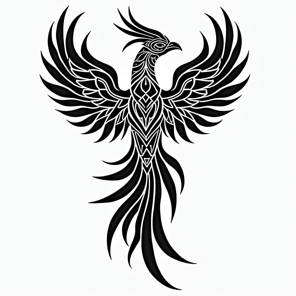 Phenix back tattooin tribal tattoo style, featuring bold and black geometric shapes, curved lines, intertwine and flow seamlessly, creating a powerful and symbolic design, polynesian and maori styles - Variation 2
