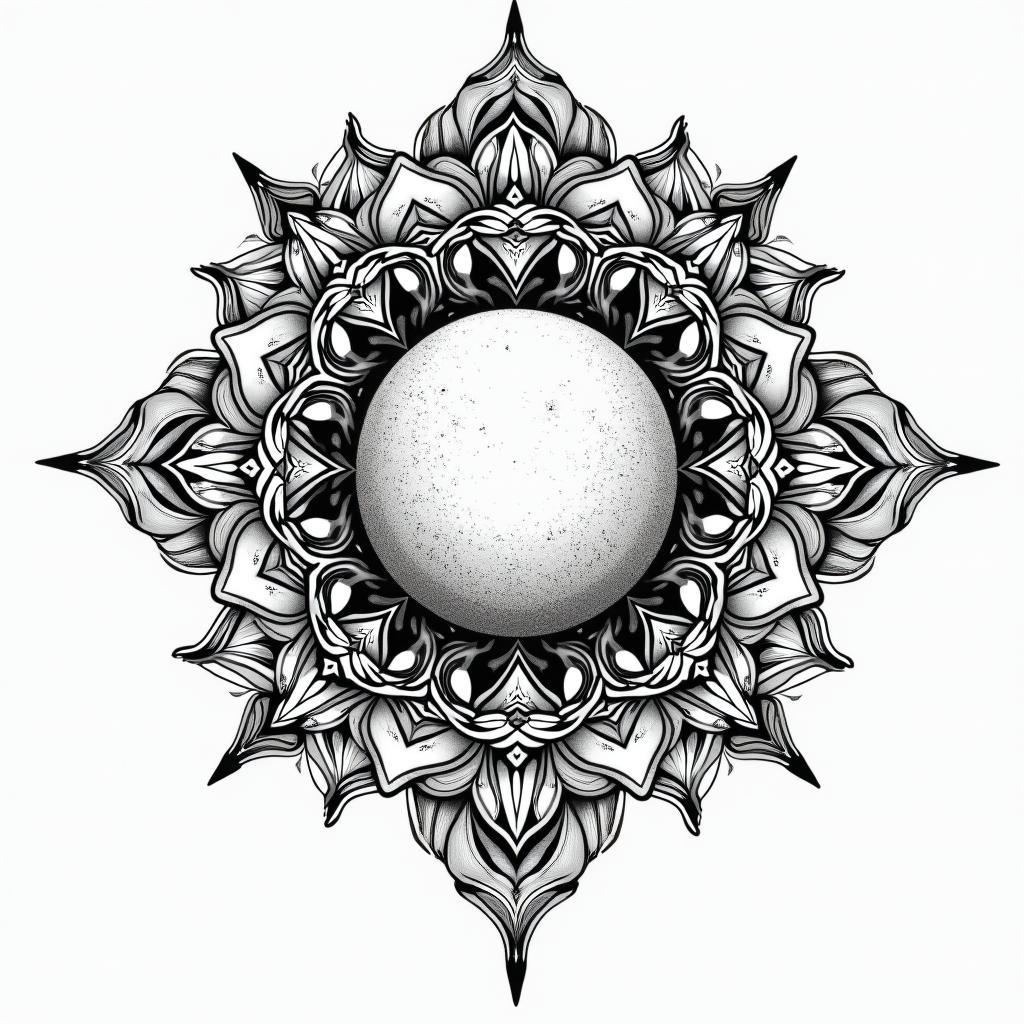 Planet with dancing girls around itin dotwork style tattoo, complex mandala patterns, interlocking geometric shapes with sharp symmetry, clean lines, sharp angles - Variation 4
