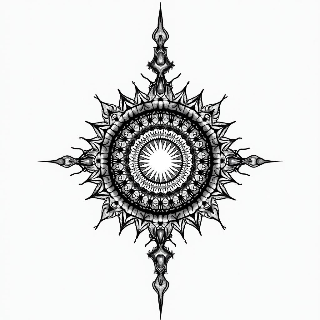 Planet with dancing girls around itin dotwork style tattoo, complex mandala patterns, interlocking geometric shapes with sharp symmetry, clean lines, sharp angles
