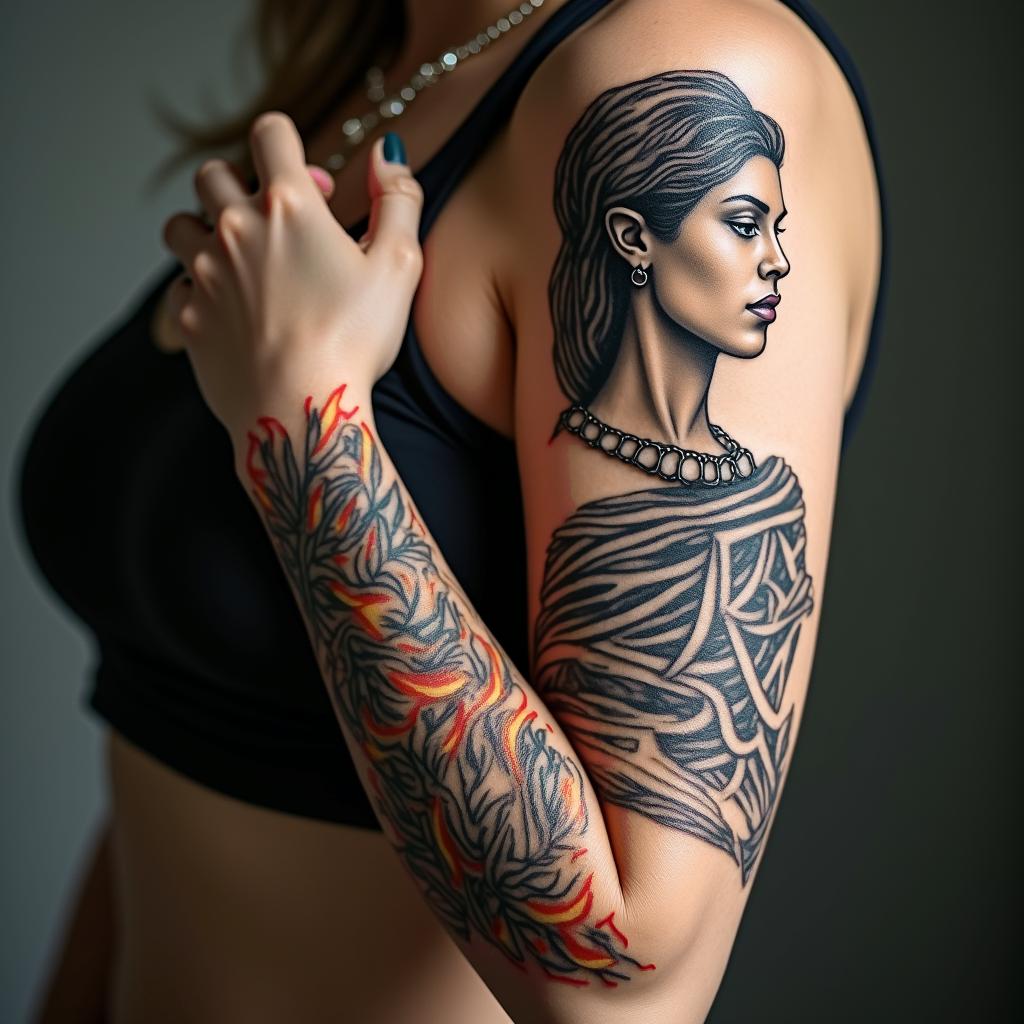 Athena, the goddess of war, firein new school tattoo, pop culture, modern, detailed tattoo, illustrative - Variation 2
