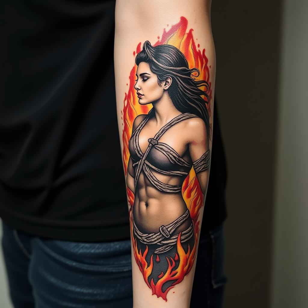 Athena, the goddess of war, firein new school tattoo, pop culture, modern, detailed tattoo, illustrative