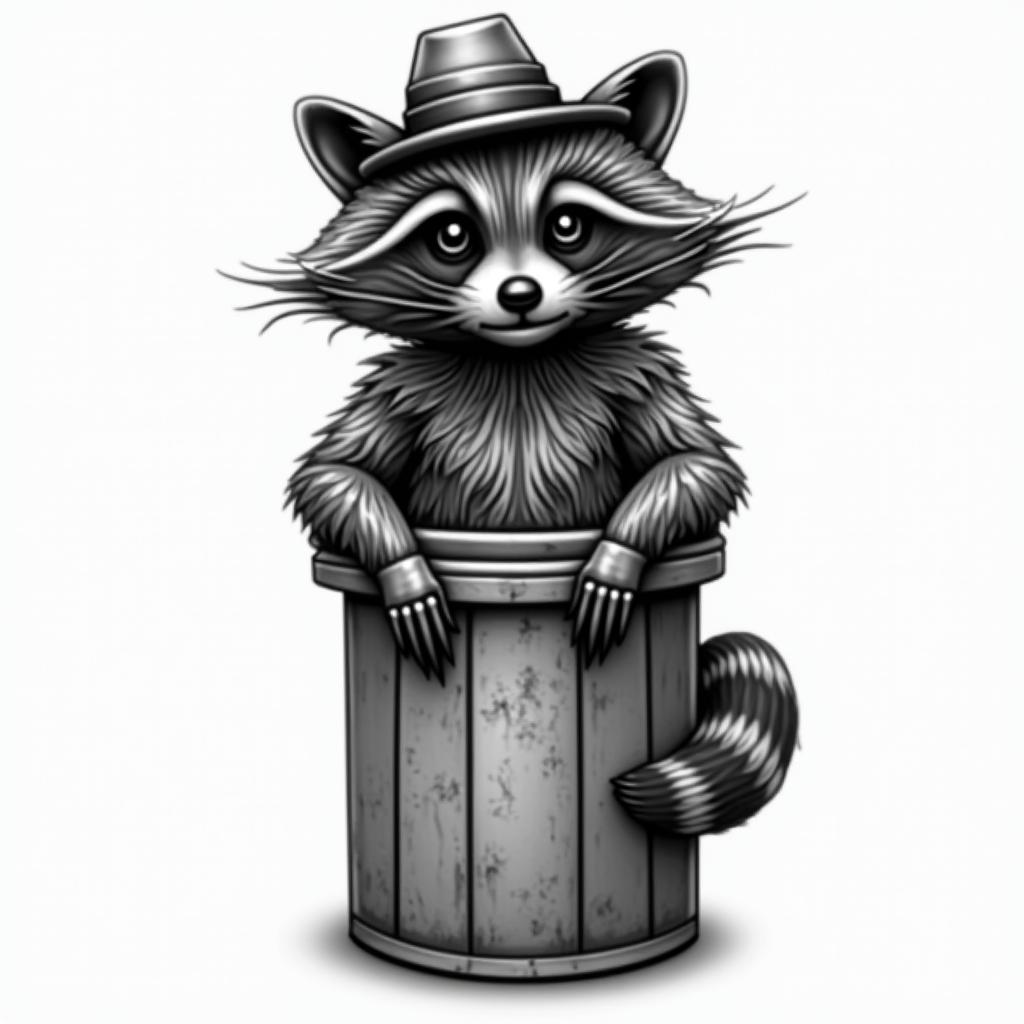 Raccoon with a hat in a garbage cantattoo in biomechanic style, the tattoo covered by robotic elements of futuristic cyberpunk design, robotic features detail, showcasing intricate mechanical components - Variation 2