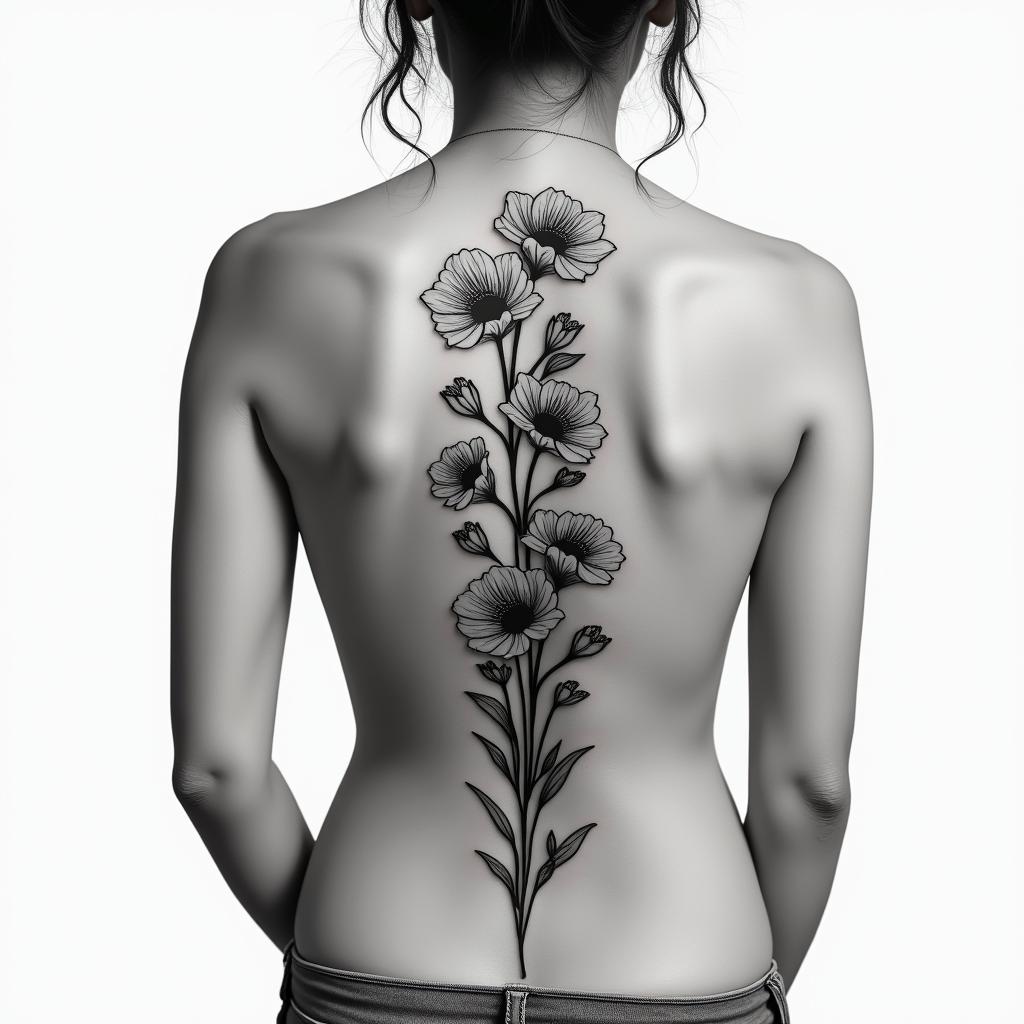 may birth flowers and adele lyric “i want to live and not just survive” in the middle spine tattoohigly detailed tattoo - Variation 4