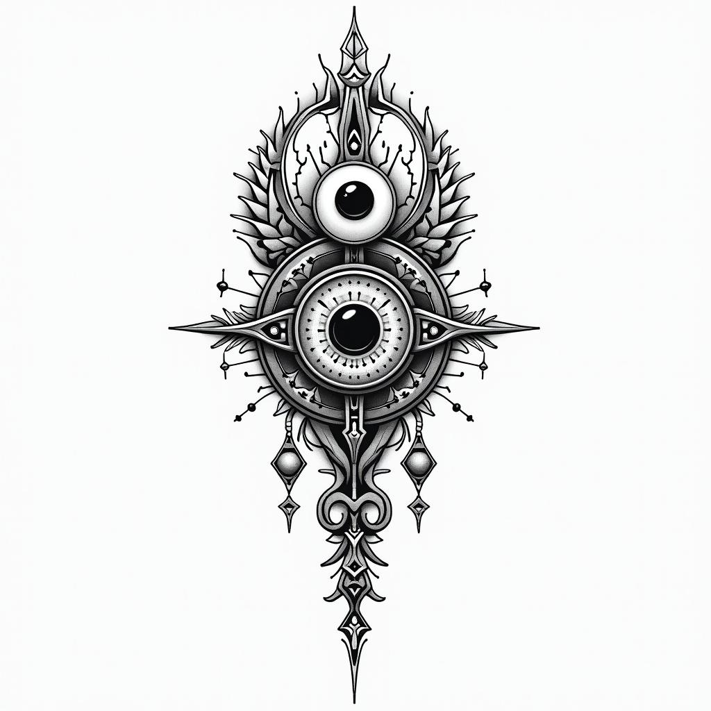 Cody, Aries, Frederickin spiritual symbols tattoo style, featuring an intricate design incorporating elements, Hamsa hand, third eye, minimalist composition - Variation 4