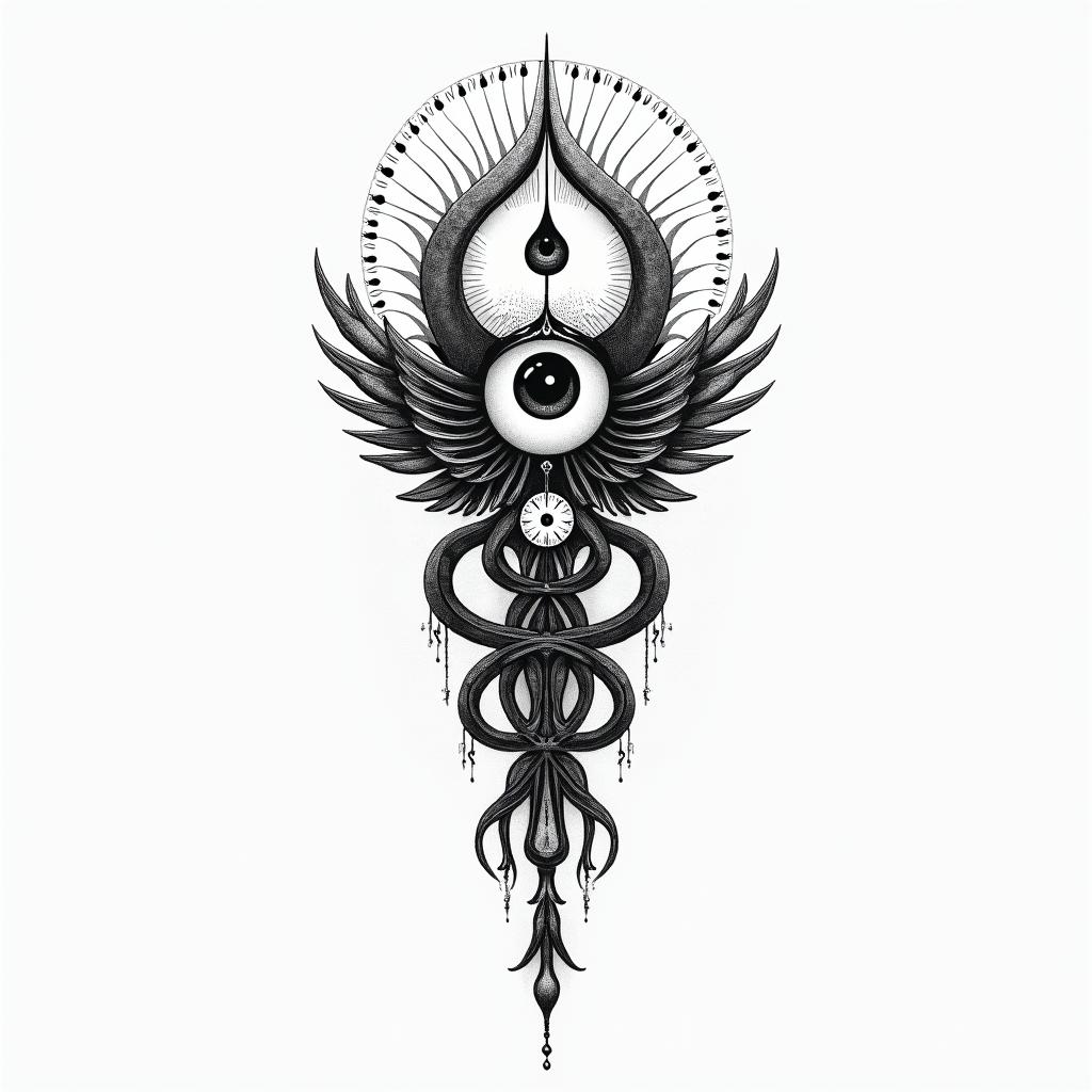 Cody, Aries, Frederickin spiritual symbols tattoo style, featuring an intricate design incorporating elements, Hamsa hand, third eye, minimalist composition