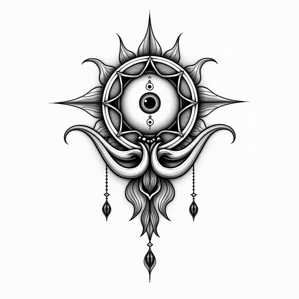 Cody, Aries, Frederickin spiritual symbols tattoo style, featuring an intricate design incorporating elements, Hamsa hand, third eye, minimalist composition - Variation 3