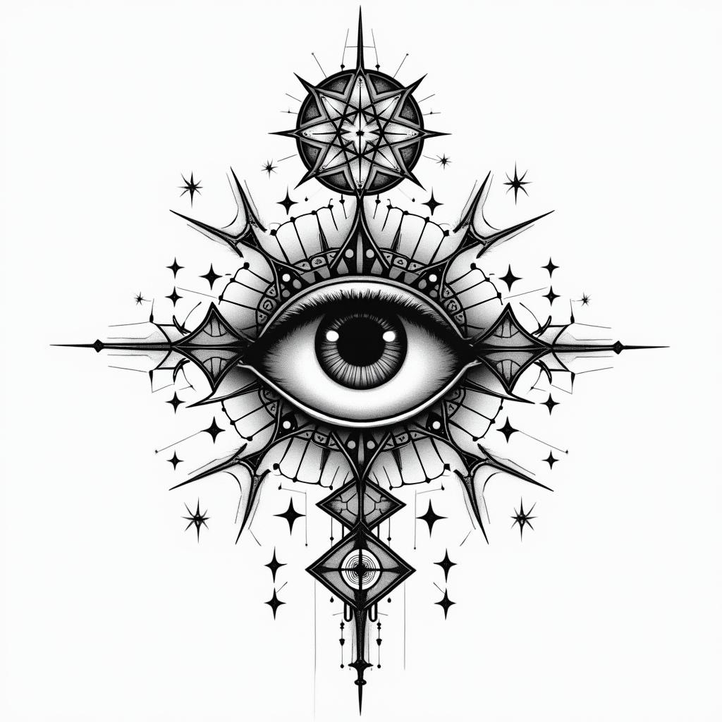 undefinedin prophecy tattoo style, featuring mystical symbols, celestial imagery like stars, moons, suns, geometric patterns, foretelling elements, an eye of wisdom - Variation 3