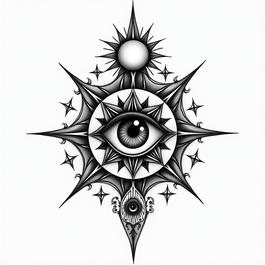 undefinedin prophecy tattoo style, featuring mystical symbols, celestial imagery like stars, moons, suns, geometric patterns, foretelling elements, an eye of wisdom - Variation 4