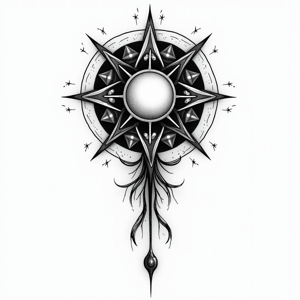 undefinedin prophecy tattoo style, featuring mystical symbols, celestial imagery like stars, moons, suns, geometric patterns, foretelling elements, an eye of wisdom