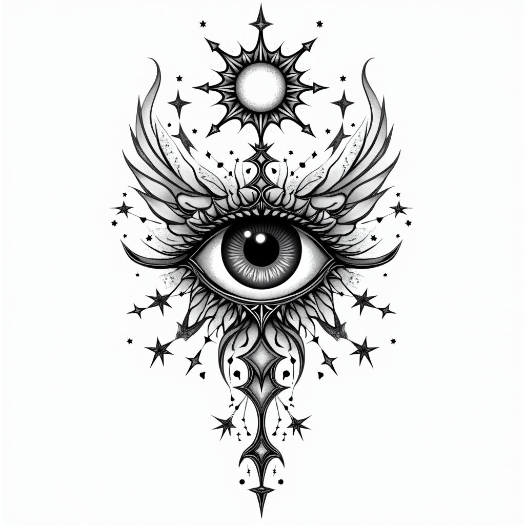 undefinedin prophecy tattoo style, featuring mystical symbols, celestial imagery like stars, moons, suns, geometric patterns, foretelling elements, an eye of wisdom - Variation 2