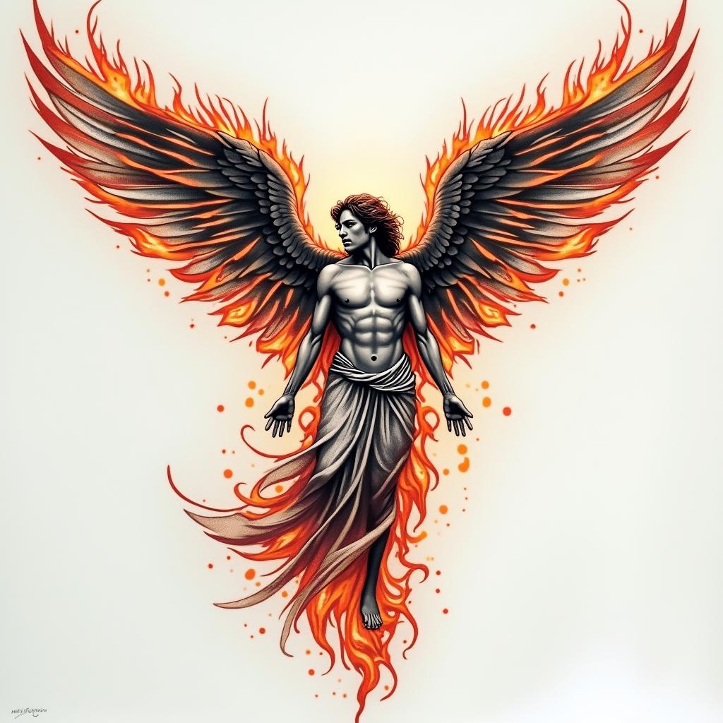 St.Michaels the archangel tattoo on the forearm all the way around fill it outin flame tattoo style showcasing fiery elements with dynamic flame patterns, glowing effect of flames, natural colors - Variation 3