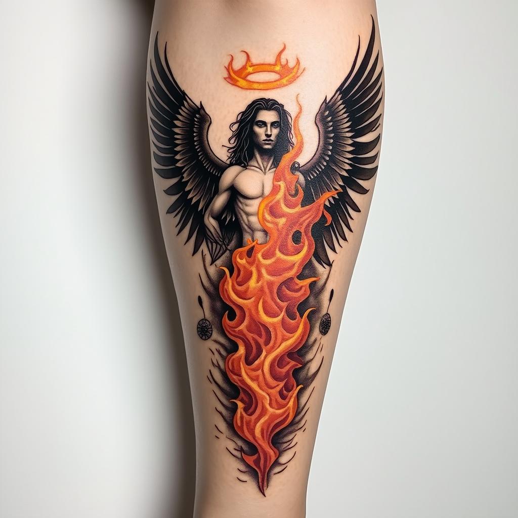 St.Michaels the archangel tattoo on the forearm all the way around fill it outin flame tattoo style showcasing fiery elements with dynamic flame patterns, glowing effect of flames, natural colors