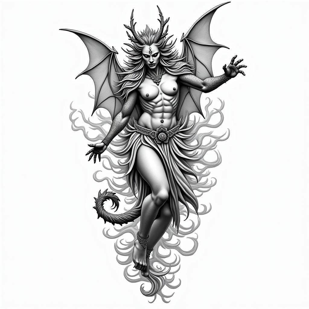 A demon turning into a goddessin japanese style tattoo, detailed tattoo, traditional japanese culture tattoo, mythology, 8k