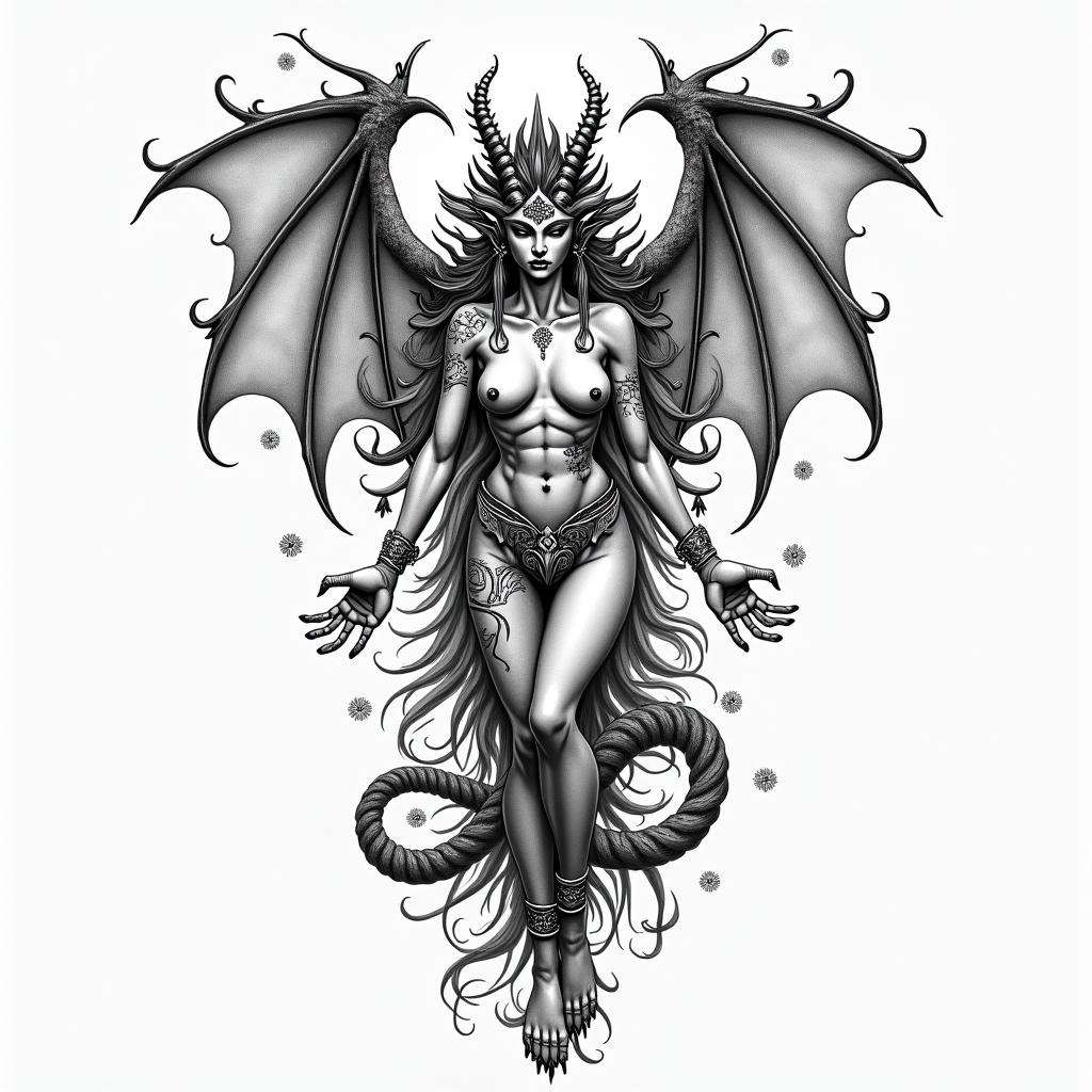 A demon turning into a goddessin japanese style tattoo, detailed tattoo, traditional japanese culture tattoo, mythology, 8k - Variation 2