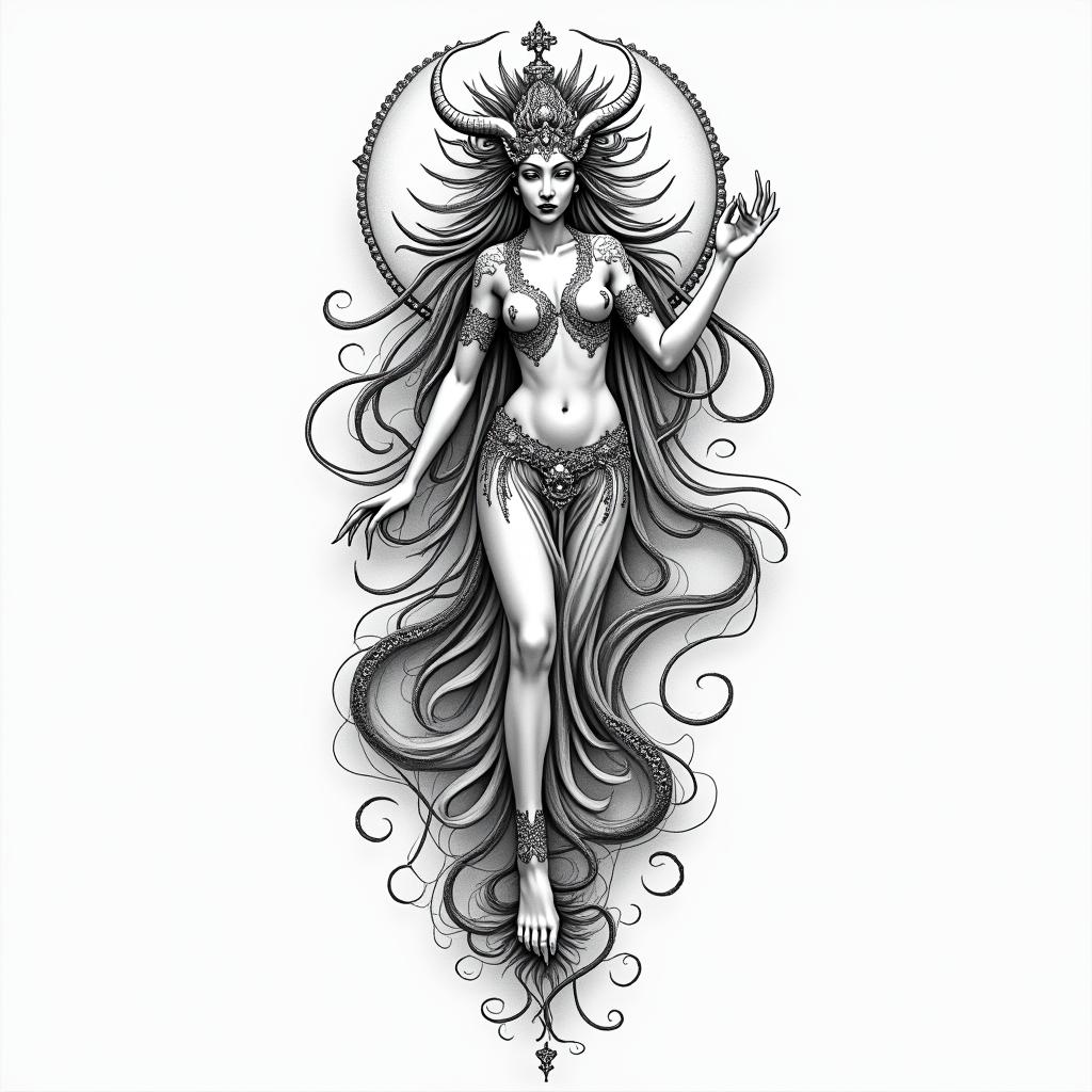 A demon turning into a goddessin japanese style tattoo, detailed tattoo, traditional japanese culture tattoo, mythology, 8k - Variation 3