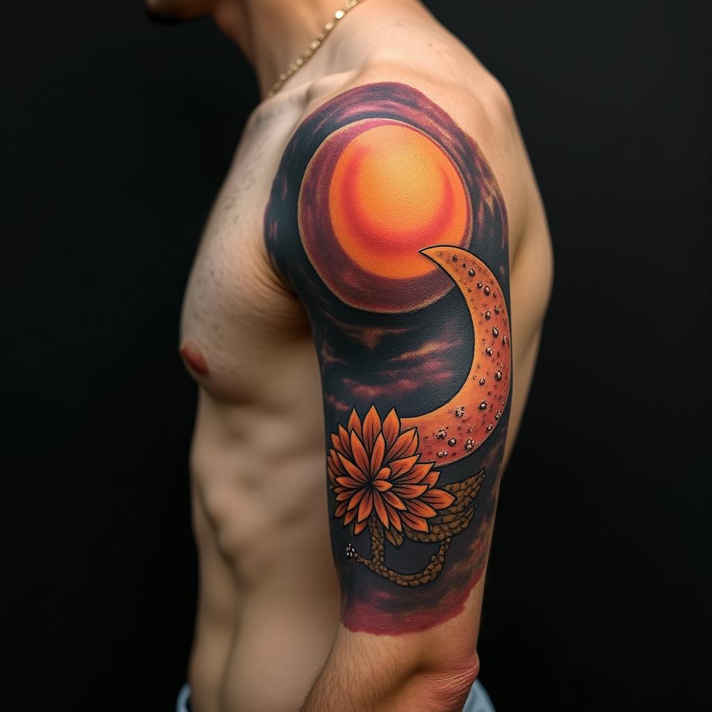 Sun and moon intertwined, glowingin realism tattoo style, featuring a highly detailed, lifelike, capturing every detail, photorealistic, ultra realistic, intricate shading, smooth and sharp,   - Variation 12