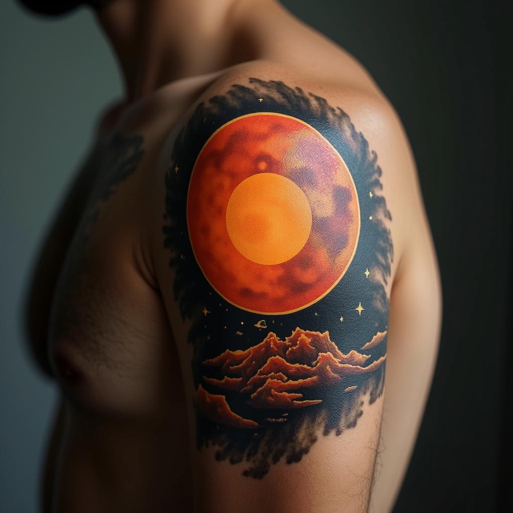 Sun and moon intertwined, glowingin realism tattoo style, featuring a highly detailed, lifelike, capturing every detail, photorealistic, ultra realistic, intricate shading, smooth and sharp,   - Variation 11