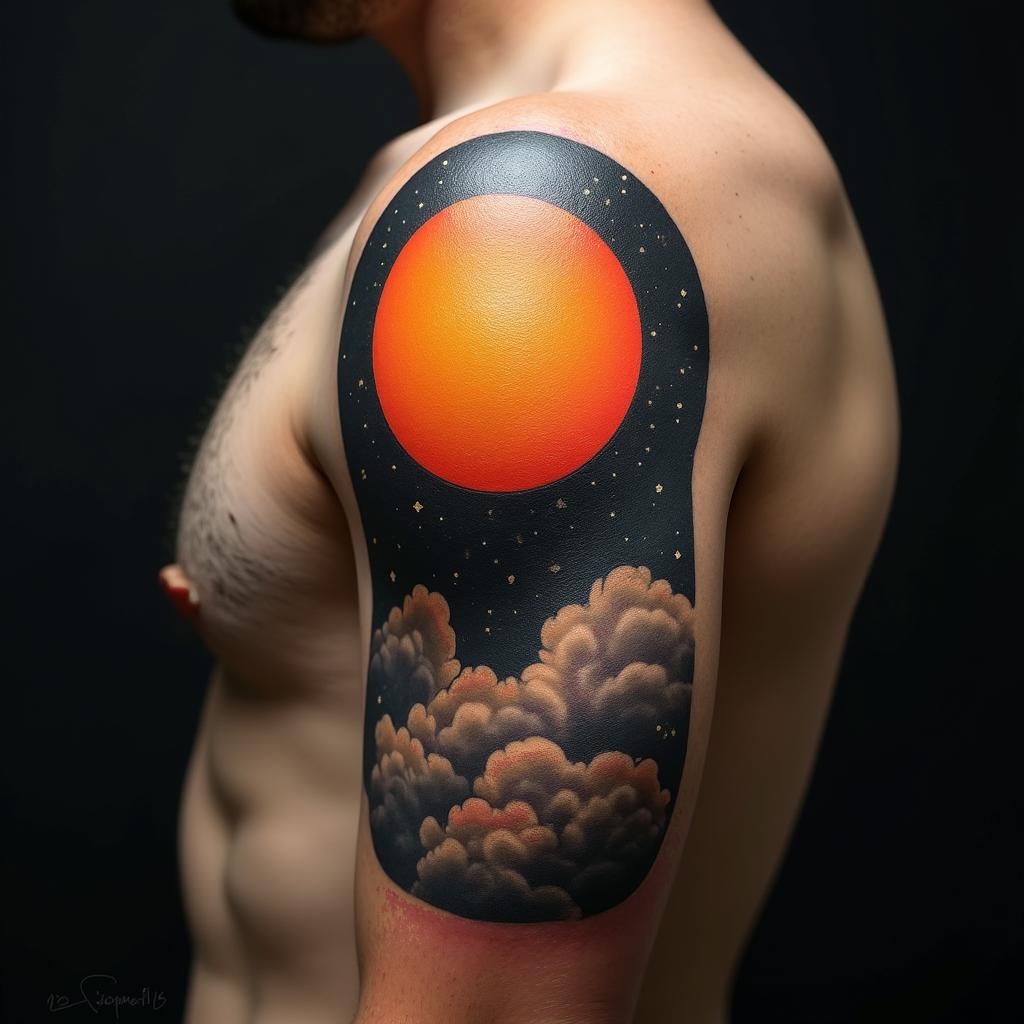 Sun and moon intertwined, glowingin realism tattoo style, featuring a highly detailed, lifelike, capturing every detail, photorealistic, ultra realistic, intricate shading, smooth and sharp,   - Variation 10