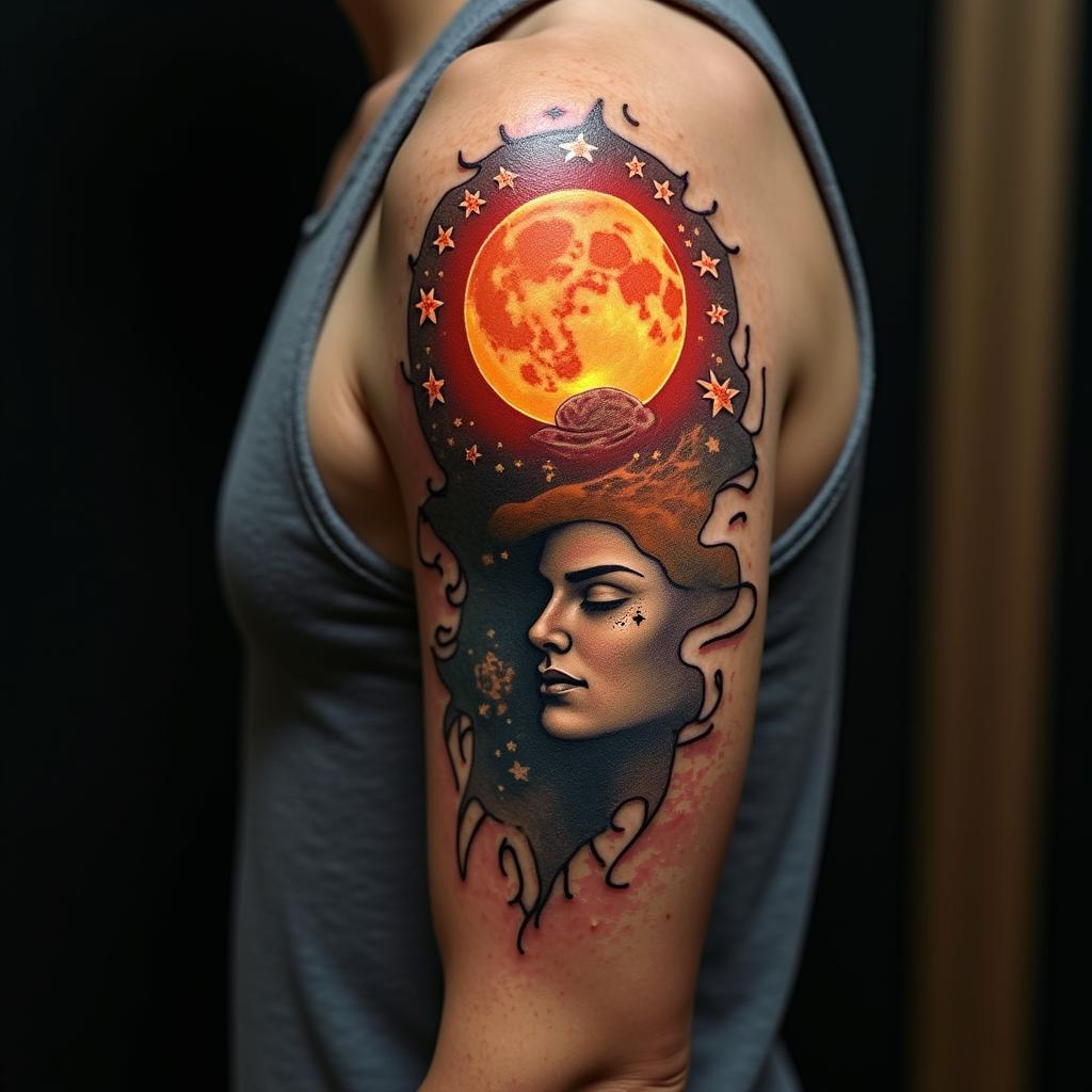 Sun and moon intertwined, glowingin realism tattoo style, featuring a highly detailed, lifelike, capturing every detail, photorealistic, ultra realistic, intricate shading, smooth and sharp,   - Variation 9