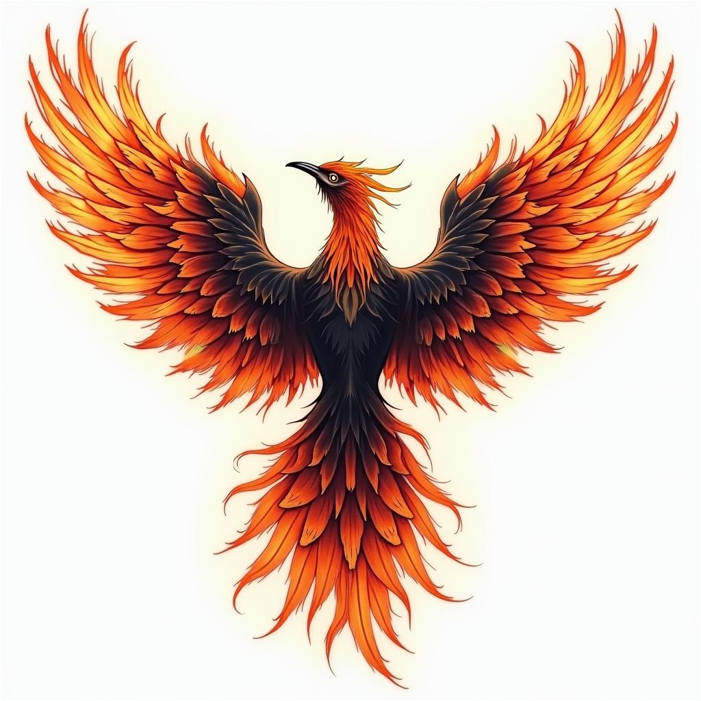 Phenix wings back tattooin flame tattoo style showcasing fiery elements with dynamic flame patterns, glowing effect of flames, natural colors - Variation 3
