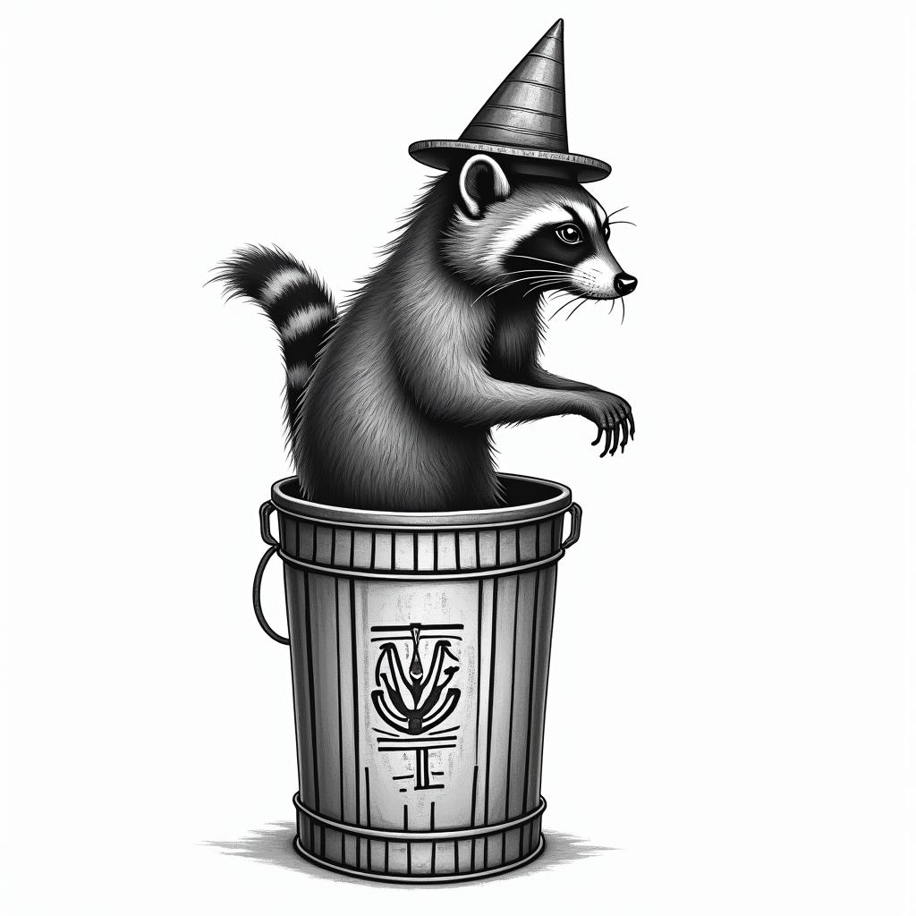 Raccoon with a hat in a trash can. Line and shadow style only.in egyptian style tattoo, bold elements of ancient egyptian culture including a portrait of an Egyptian pharaoh with detailed facial features, in hieroglyphs and symbolic imagery, eye of horus, ankh symbol, scarab beetle - Variation 2