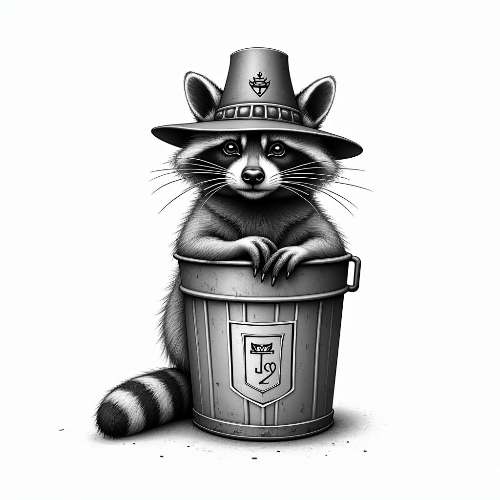 Raccoon with a hat in a trash can. Line and shadow style only.in egyptian style tattoo, bold elements of ancient egyptian culture including a portrait of an Egyptian pharaoh with detailed facial features, in hieroglyphs and symbolic imagery, eye of horus, ankh symbol, scarab beetle - Variation 3