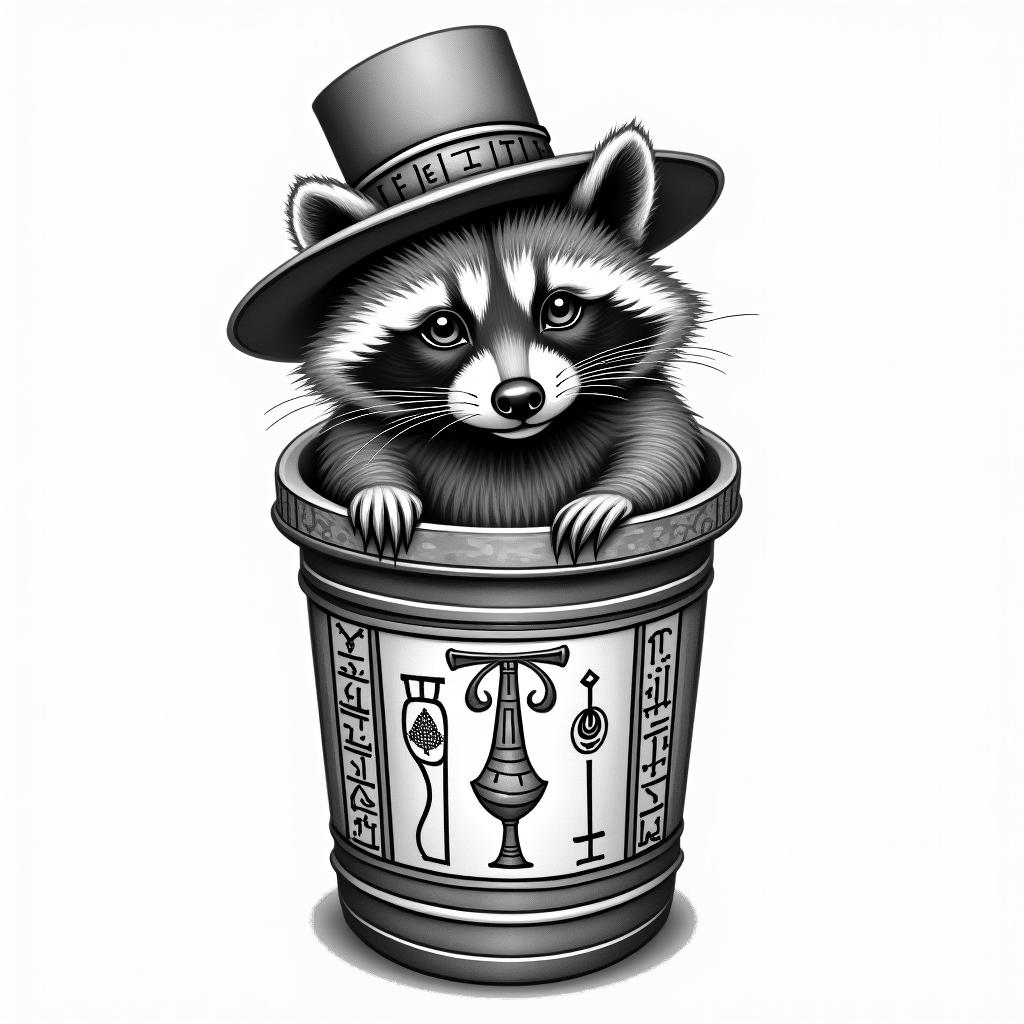 Raccoon with a hat in a trash can. Line and shadow style only.in egyptian style tattoo, bold elements of ancient egyptian culture including a portrait of an Egyptian pharaoh with detailed facial features, in hieroglyphs and symbolic imagery, eye of horus, ankh symbol, scarab beetle - Variation 4