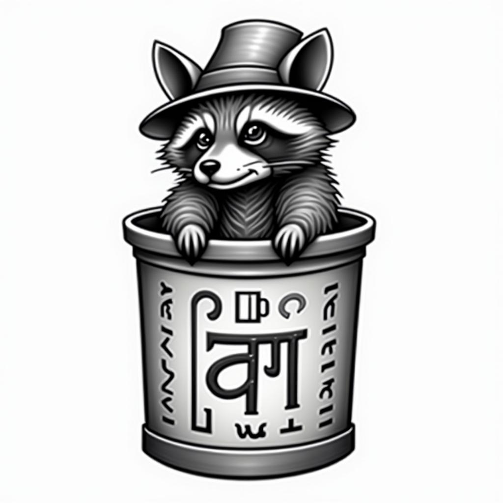 Raccoon with a hat in a trash can. Line and shadow style only.in egyptian style tattoo, bold elements of ancient egyptian culture including a portrait of an Egyptian pharaoh with detailed facial features, in hieroglyphs and symbolic imagery, eye of horus, ankh symbol, scarab beetle