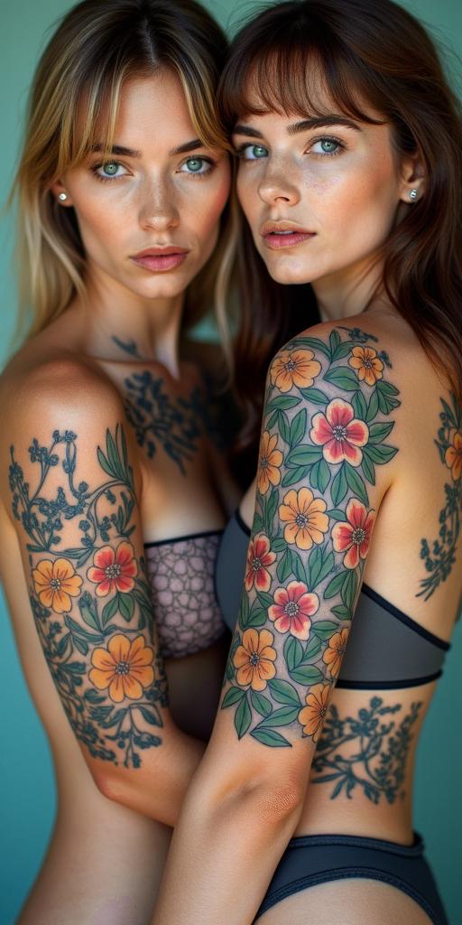Three girls, otherworldly, floral, two blonde, one brunettein new school tattoo, pop culture, modern, detailed tattoo, illustrative