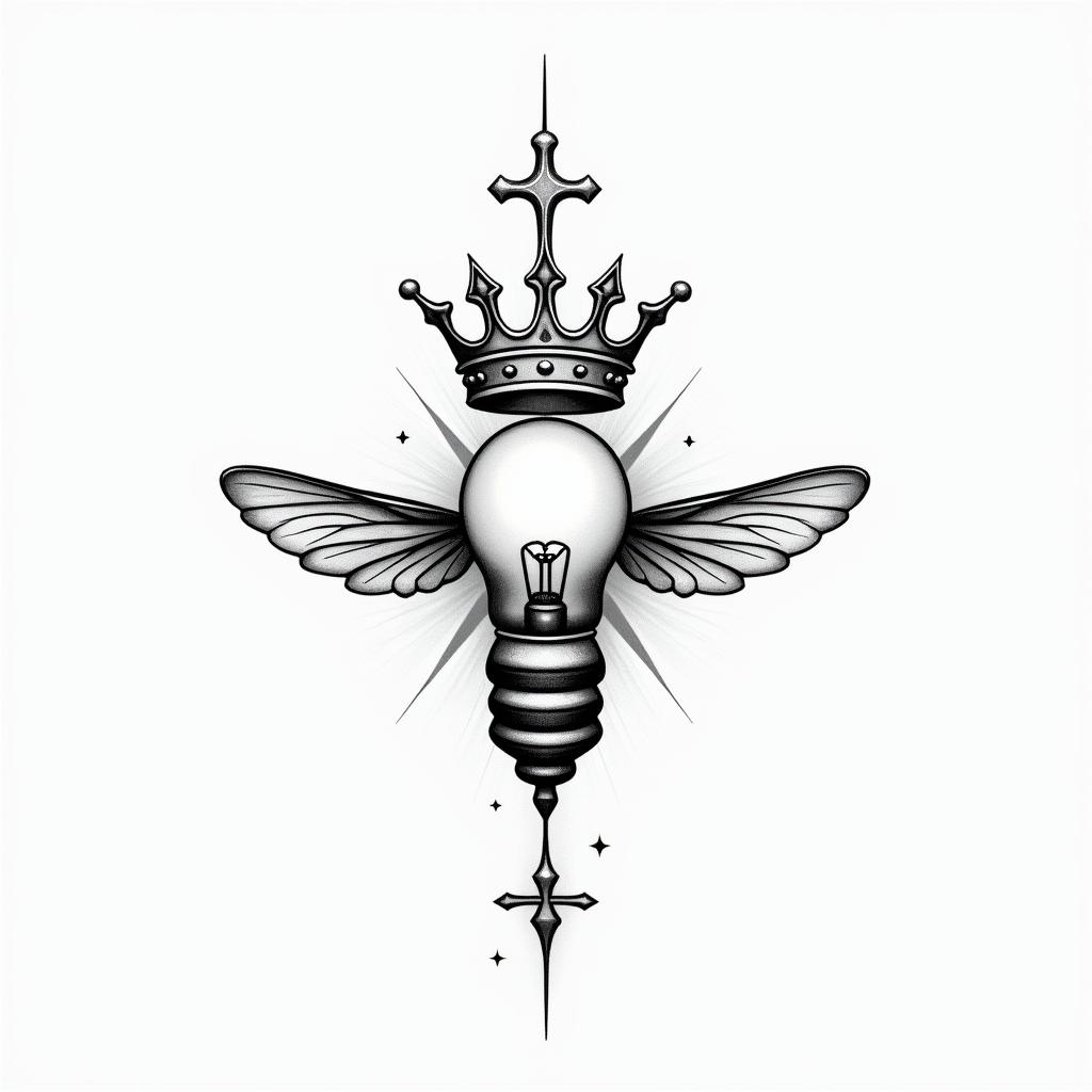 “Love yours” with a crown after horizontal and “bee the light” vertical with a lightbulb in the shape of a crosshigly detailed tattoo - Variation 6