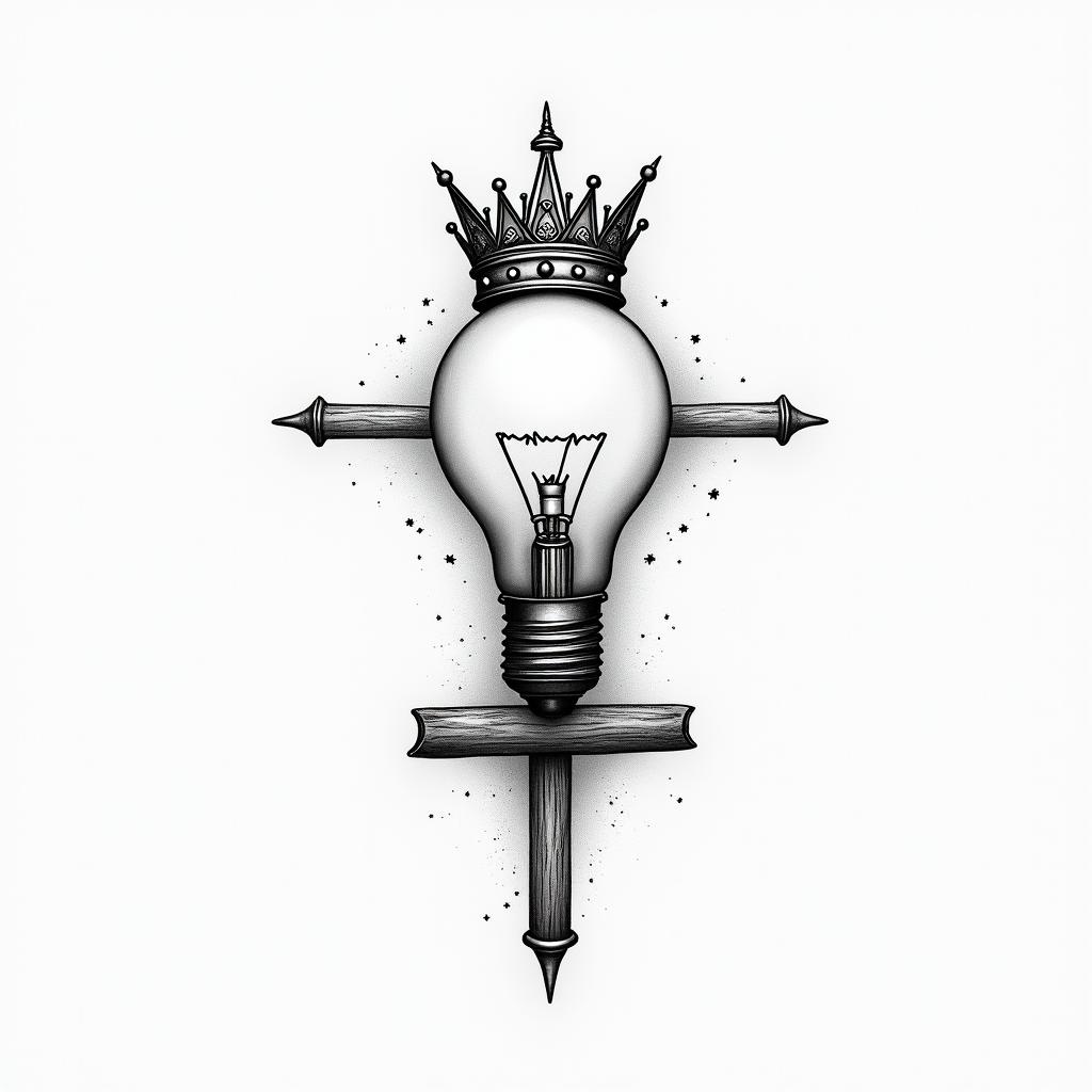 “Love yours” with a crown after horizontal and “bee the light” vertical with a lightbulb in the shape of a crosshigly detailed tattoo - Variation 5