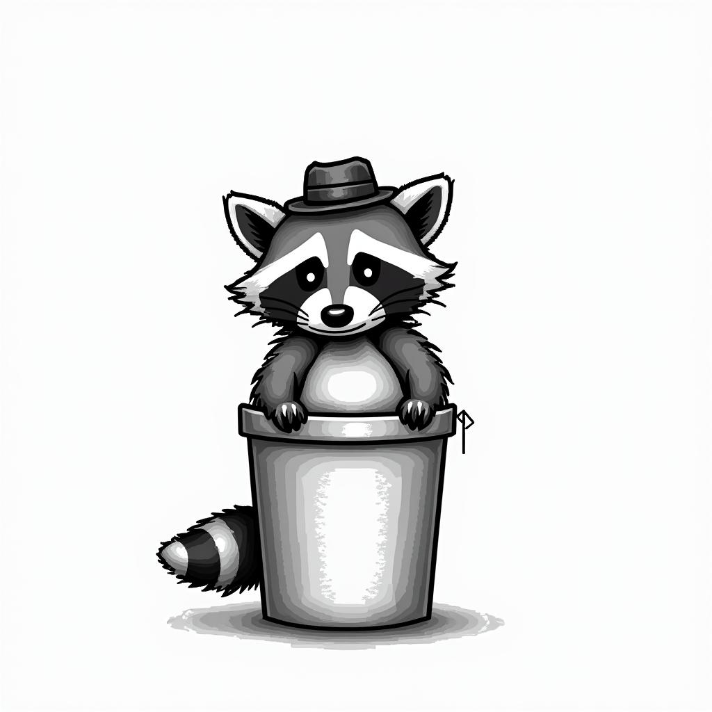 Raccoon with a hat in a trash can. Line and shadow style only.in 8-bit tattoo style, minimalistic pixel style tattoo, pixel art with simplified shapes and retro gaming visuals, inspired by 8-bit pixel based detailing - Variation 6