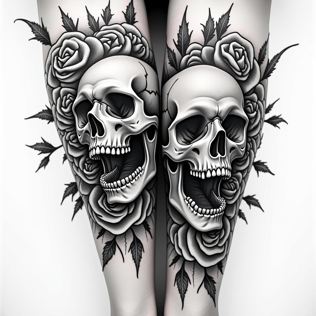 Tattoo two roses, forearm, fine line in horror tattoo style, showcasing haunting and unsettling, dark and gritty textures with skulls, eerie faces, jgged designs, bold and intense shading - Variation 3