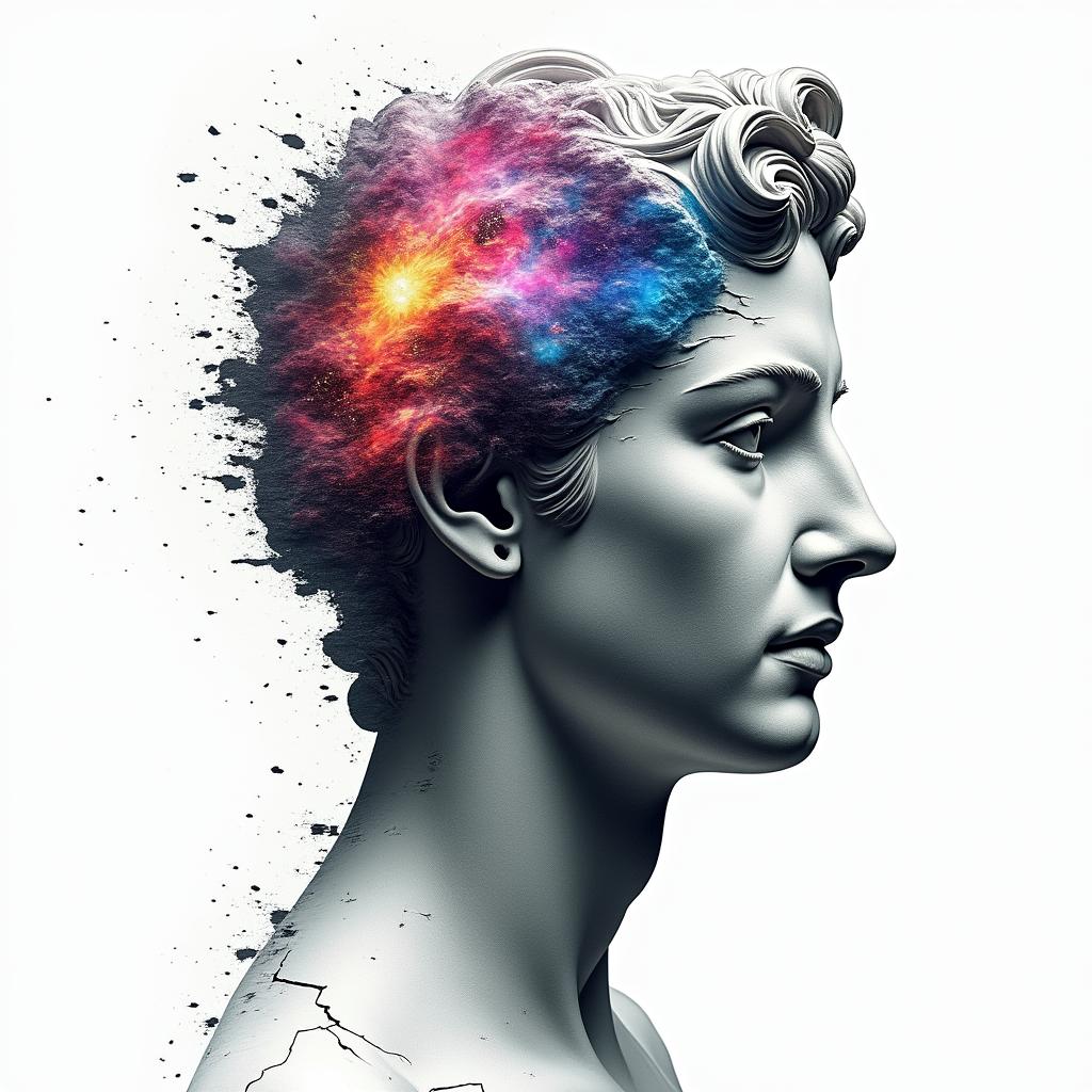 Broken skin showing universein distorted and fragmented tattoo design, featuring a classical statue bust, in a glitch art style with vibrant, overlapping colors of cyan, magenta, and yellow, creating a digital distortion effect - Variation 4