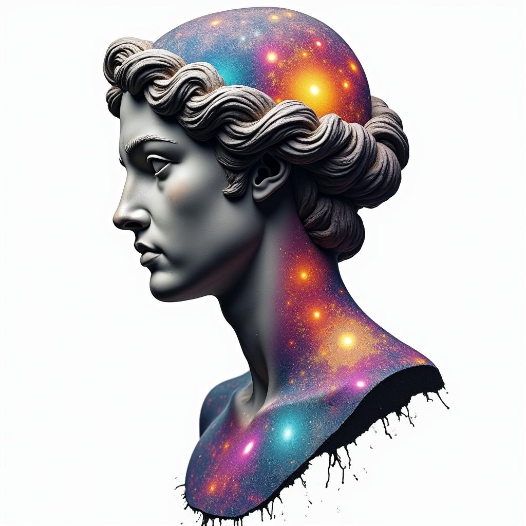 Broken skin showing universein distorted and fragmented tattoo design, featuring a classical statue bust, in a glitch art style with vibrant, overlapping colors of cyan, magenta, and yellow, creating a digital distortion effect