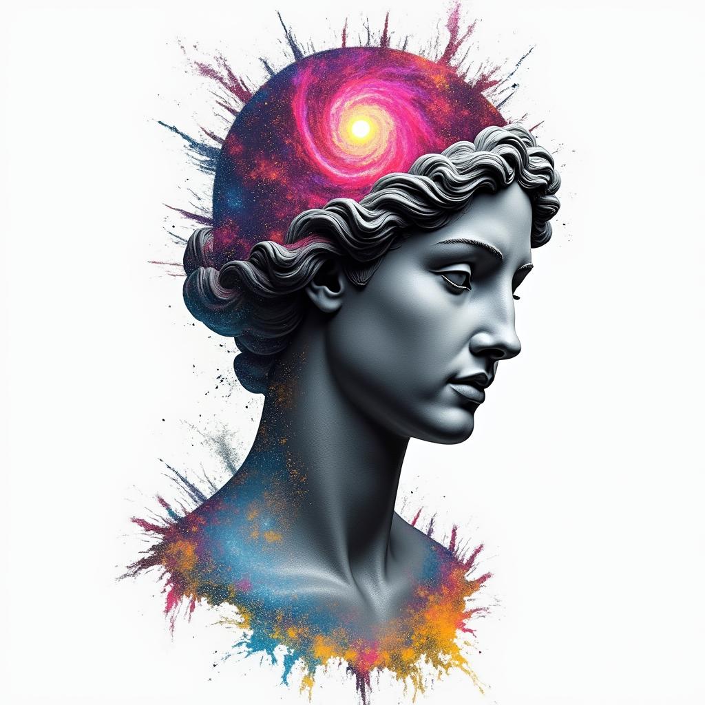 Broken skin showing universein distorted and fragmented tattoo design, featuring a classical statue bust, in a glitch art style with vibrant, overlapping colors of cyan, magenta, and yellow, creating a digital distortion effect - Variation 3